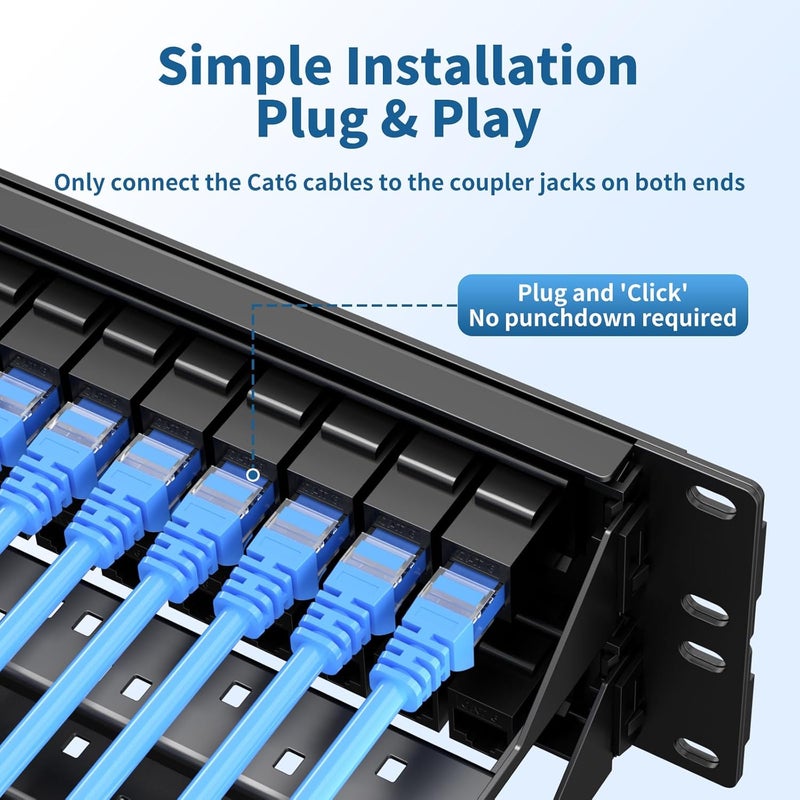 LinkNexa 48 Port Patch Panel, Keystone Patch Panel 48 Port Loaded with RJ45 Couplers Plus 4 Spare, 10G Pass-Through, UTP 19-Inch 2U Ethernet Panel with Removable Back Bar for Cat5, Cat5e, Cat6 Cabling - Image 4